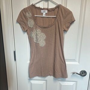 LOFT Women's Tan Top with Floral Accents